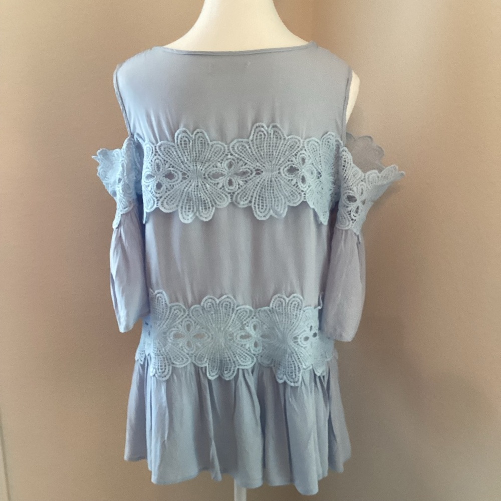 Women's Light Blue Lace Cold Shoulder Top - Picture 5 of 7
